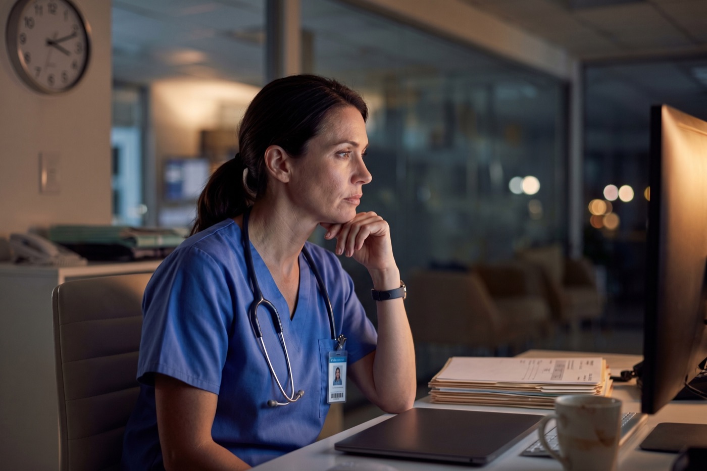 A physician looking weary at her desk late at night